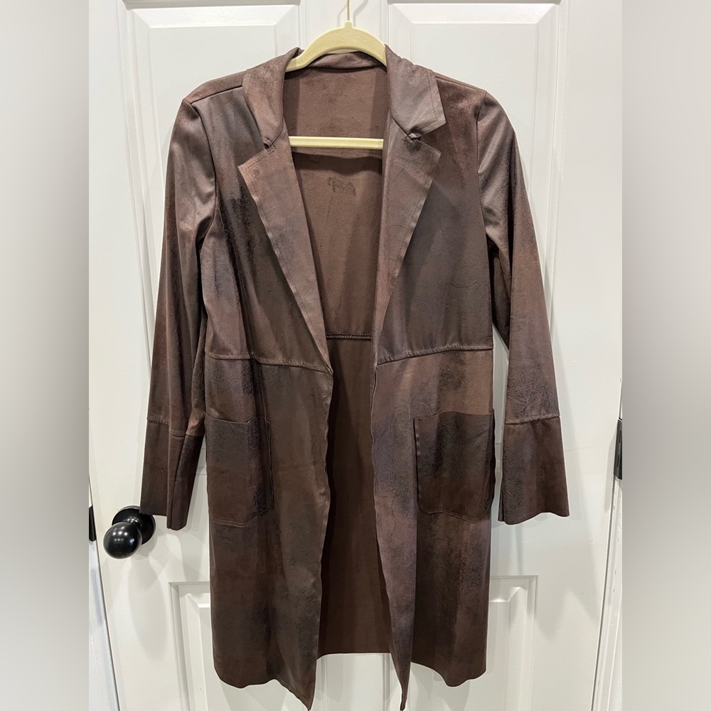 Distressed Leather-look Brown Women's Long Open Front Coat